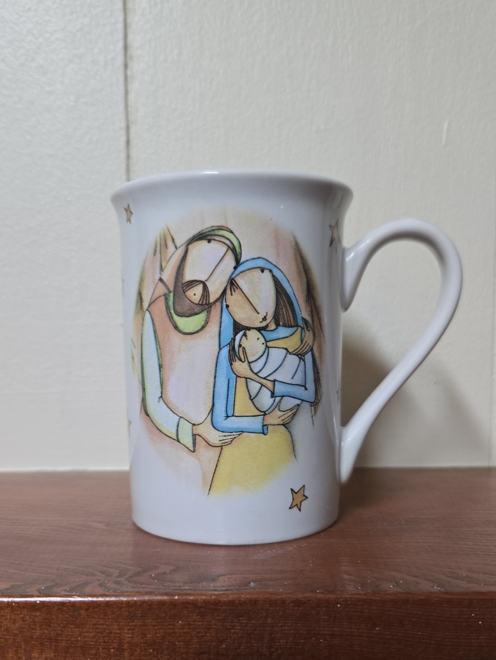 White Ceramic Nativity Mug with Pastel Illustration